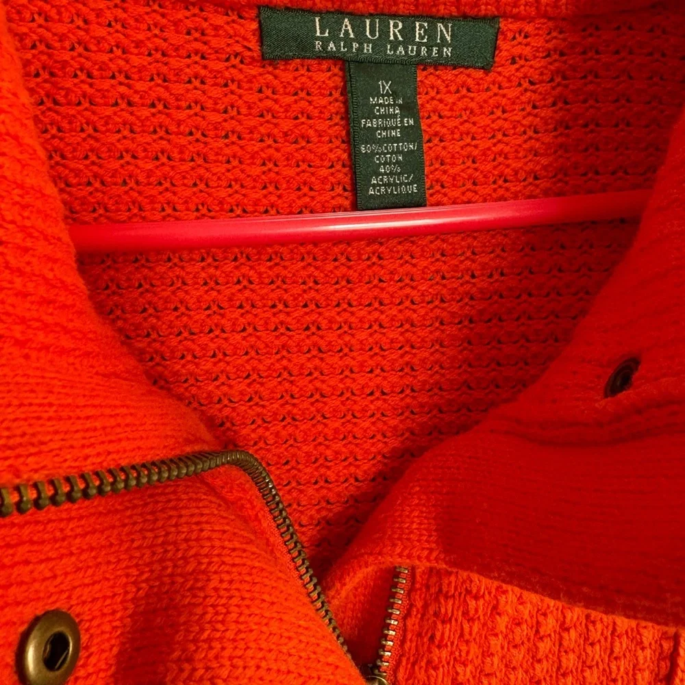 Lauren Ralph Lauren Womens Knit Sweater Coat Orange size 1X Full Zip‎ Button